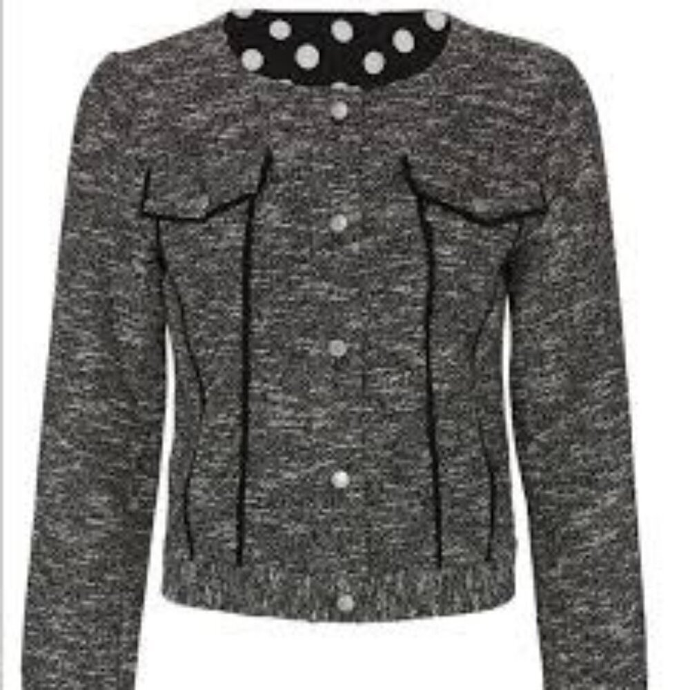 Slate & Willow Black Designer Tweed Cropped Jacket Polka Dot Lining Size Medium